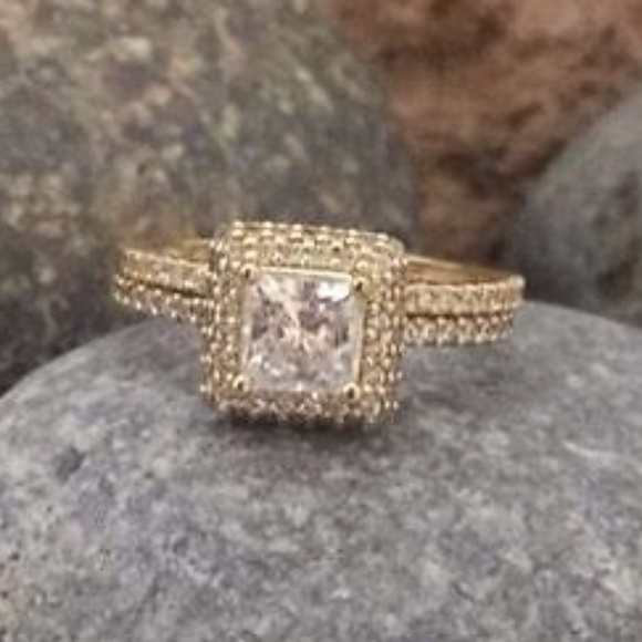 New Solid 14K Yellow Gold  Princess Cut Engagement Bridal Ring band 2pc set - Picture 7 of 9